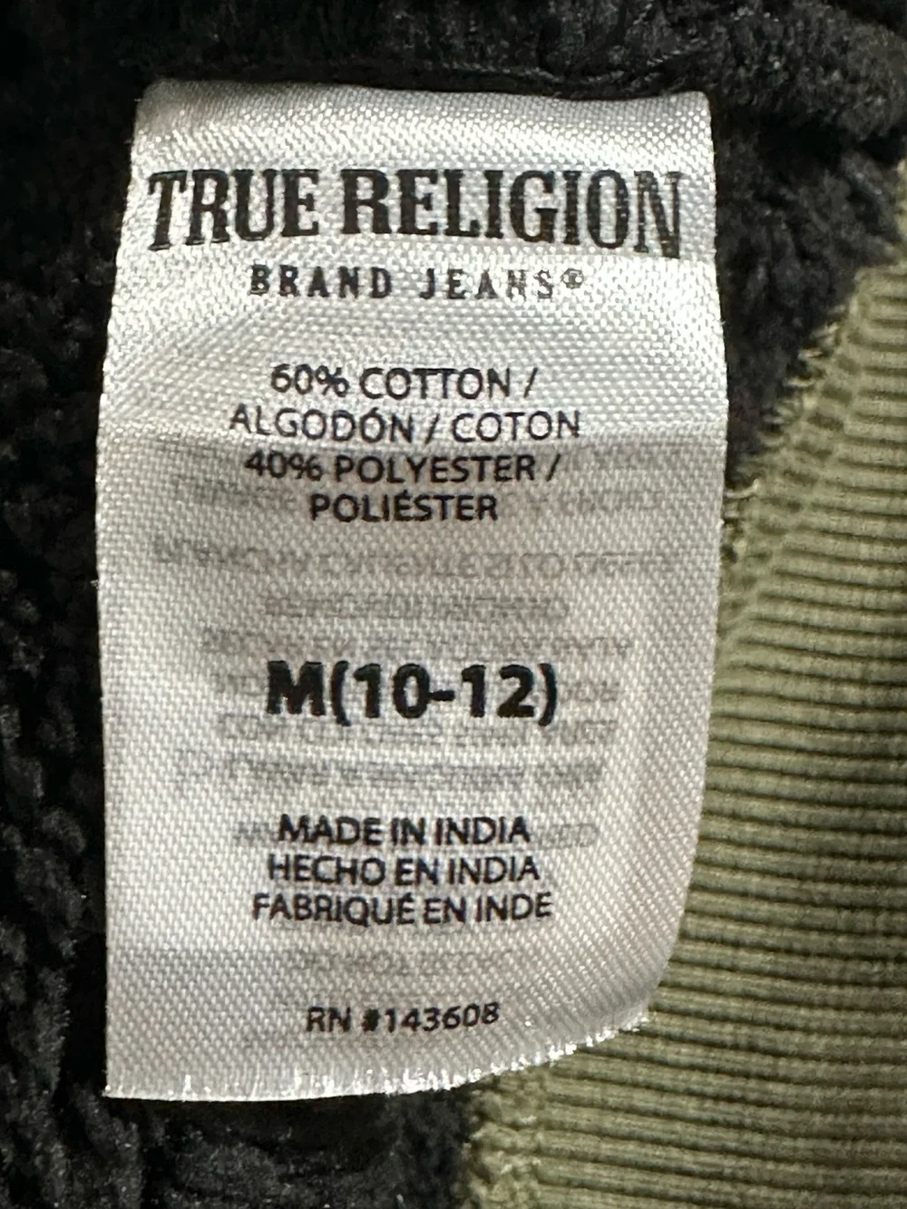 True Religion Olive Green Graphic Fleece-Lined zip up jacket youth M 10/12